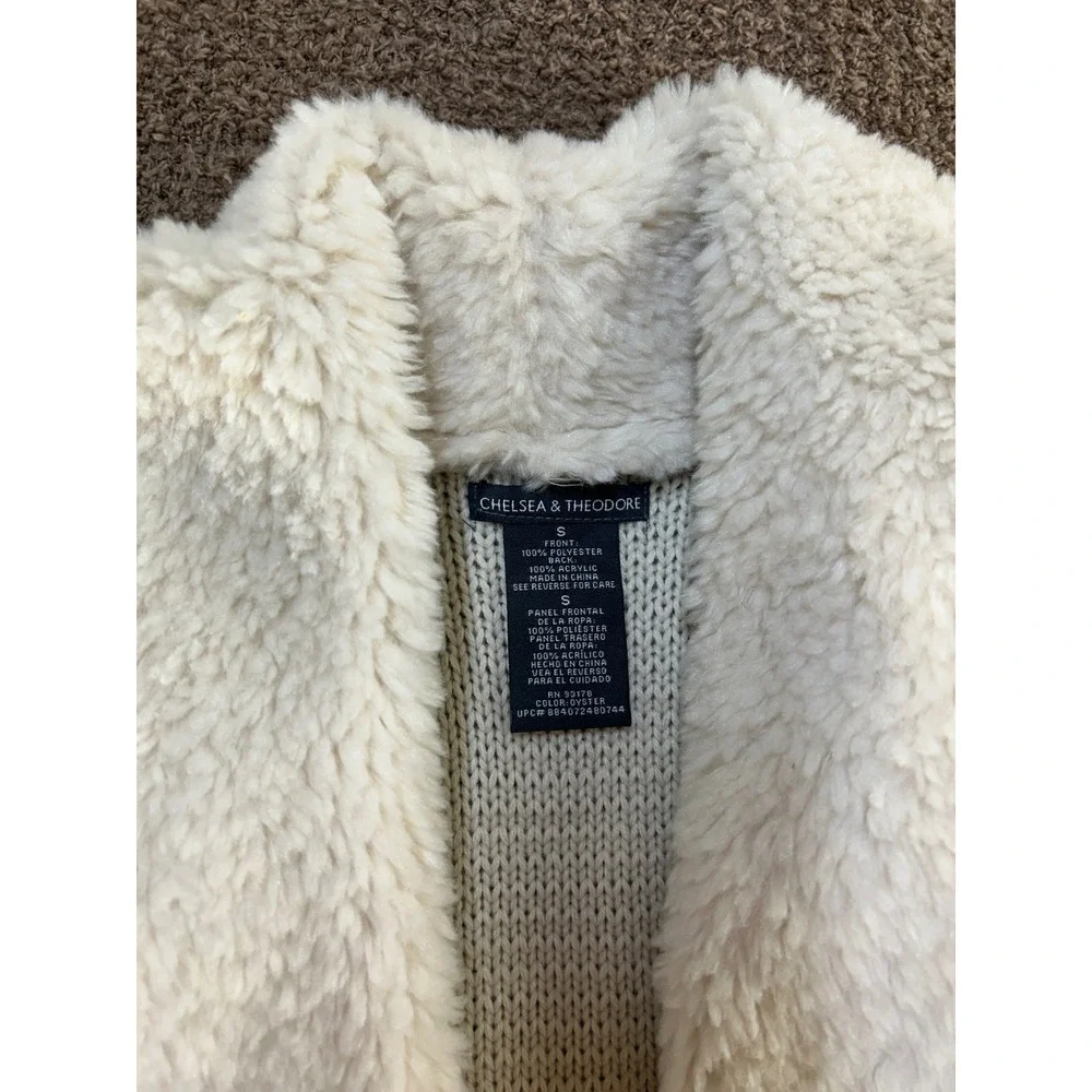 Chelsea & Theodore Faux Fur Knit Back Vest Oyster Gray Small Open Front Drape - Picture 4 of 7